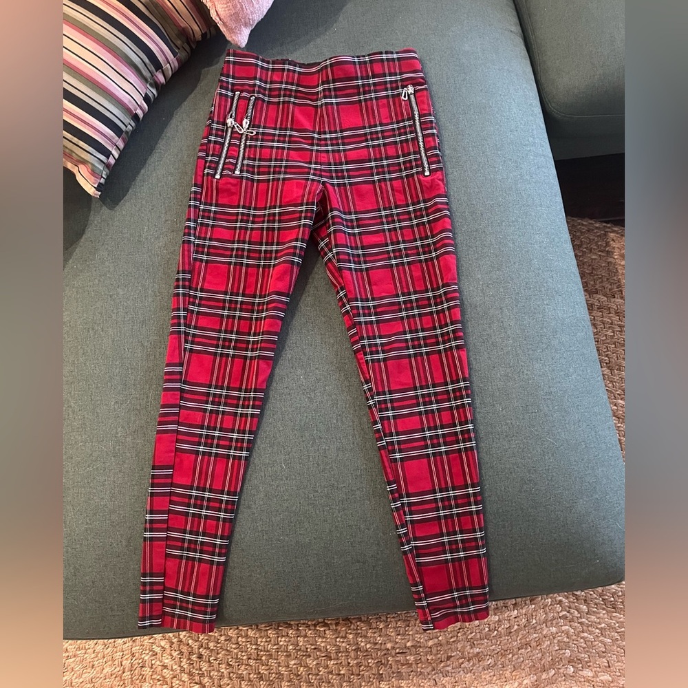 Zara Pants Red Plaid High Rise Zipper Detail Womens Small, EUC